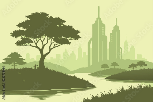  Futuristic city skyline, lush green island, lone tree, reflective water, misty atmosphere, environmental contrast, urban vs nature, sustainability concept, surreal landscape, digital art, high detail