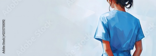 A nurse in blue scrubs, standing with a plain soft white backdrop