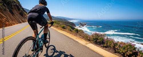 Coastal Cycling Road Trip: Athlete on Bike along Ocean