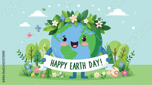 Planet Earth Mascot, A friendly, smiling Earth character with arms and legs, wearing a leafy crown and holding a banner that says 'Happy Earth Day 