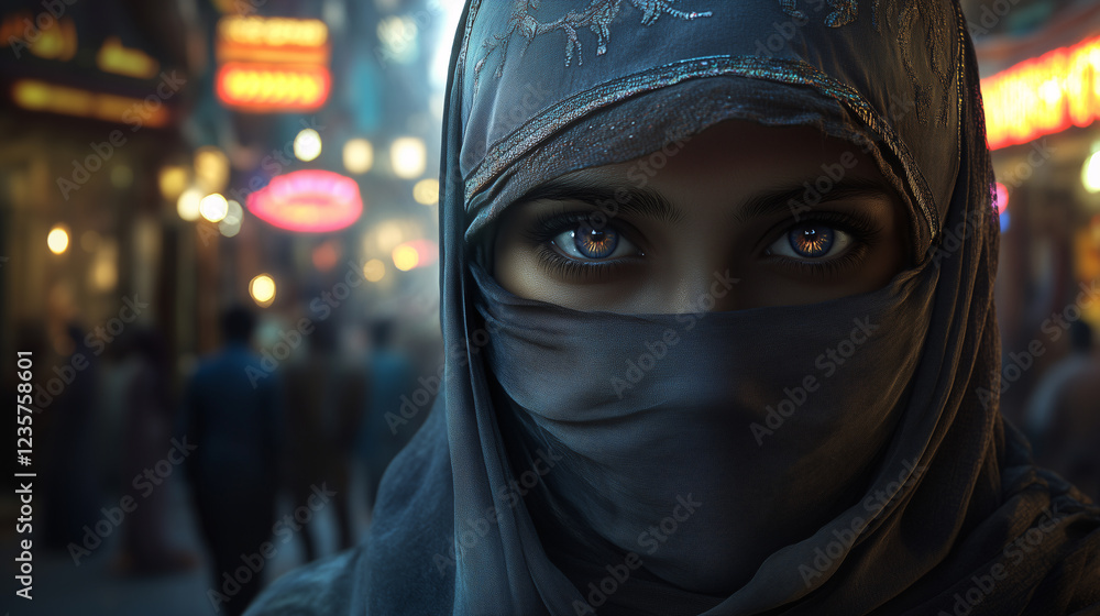 A close-up portrait of a woman wearing a hijab and face veil, her intense eyes glowing against the blurred neon-lit street background. A close-up portrait of a woman wearing a hijab and face veil, her intense eyes glowing against the blurred neon-lit street background.