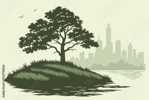  Futuristic city skyline, lush green island, lone tree, reflective water, misty atmosphere, environmental contrast, urban vs nature, sustainability concept, surreal landscape, digital art, high detail