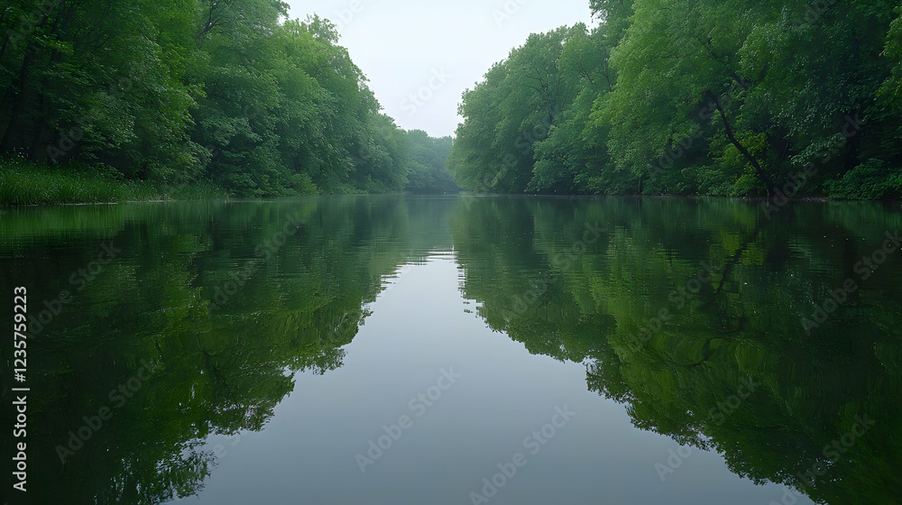 Serene river reflection in lush forest, calm water, misty morning, nature background Serene river reflection in lush forest, calm water, misty morning, nature background