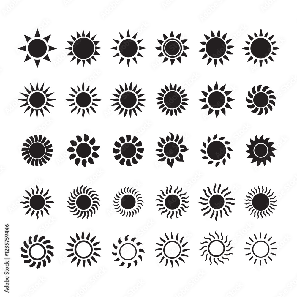 Diverse Black and White Sun Icons for Design Projects Diverse Black and White Sun Icons for Design Projects