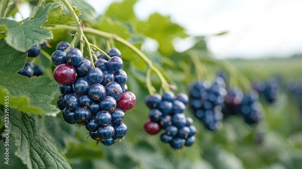 Ripe blackcurrants on branch, farm field background, healthy food Ripe blackcurrants on branch, farm field background, healthy food