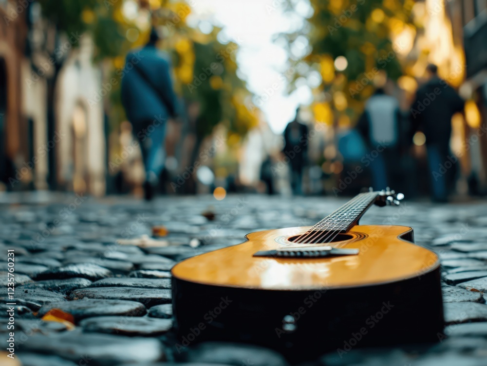 Fototapeta premium Acoustic Guitar on Cobblestone Street