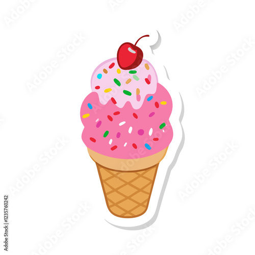 Pink ice cream cone with sprinkles vector sticker, fun sweet dessert