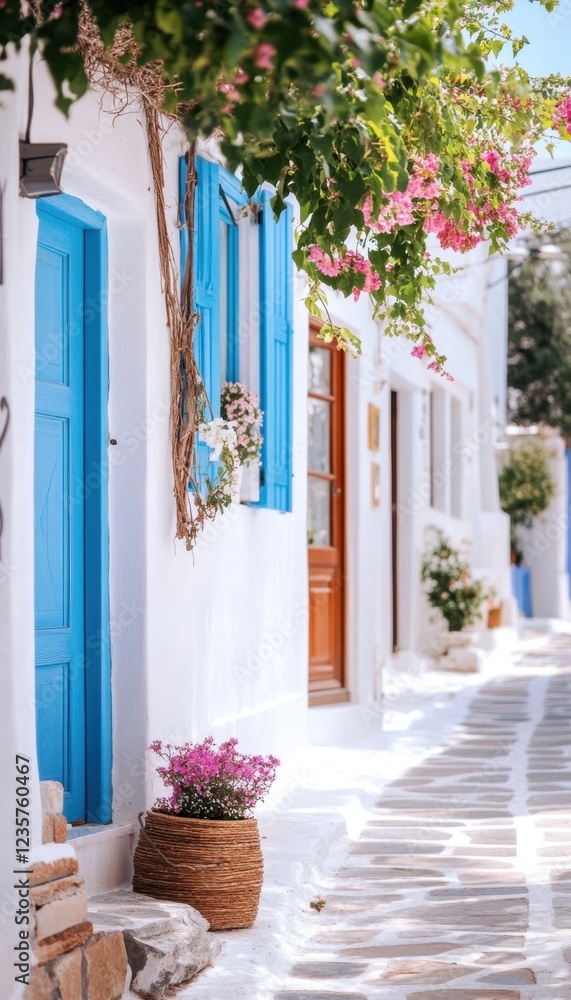 Naklejka premium Vibrant flowers and a bright blue door adorn a charming whitewashed alley.