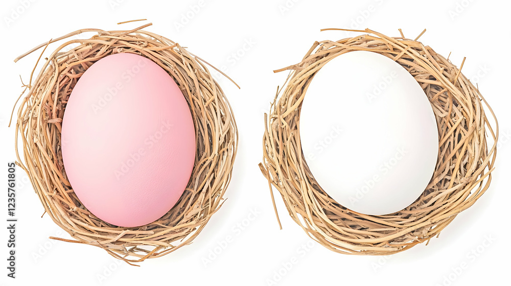 Two eggs in nests, isolated white background, Easter Two eggs in nests, isolated white background, Easter