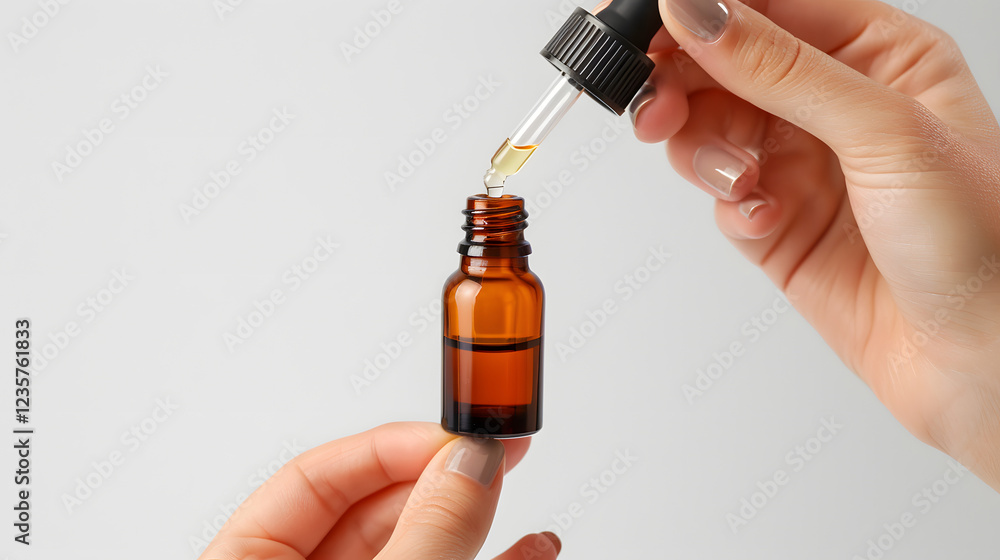 Close-up of a woman's hand holding a dropper bottle, clean white background Close-up of a woman's hand holding a dropper bottle, clean white background