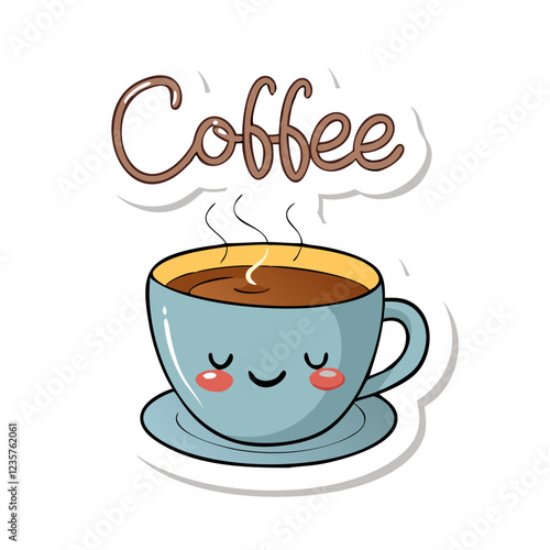 Cute coffee cup vector sticker, warm morning drink illustration