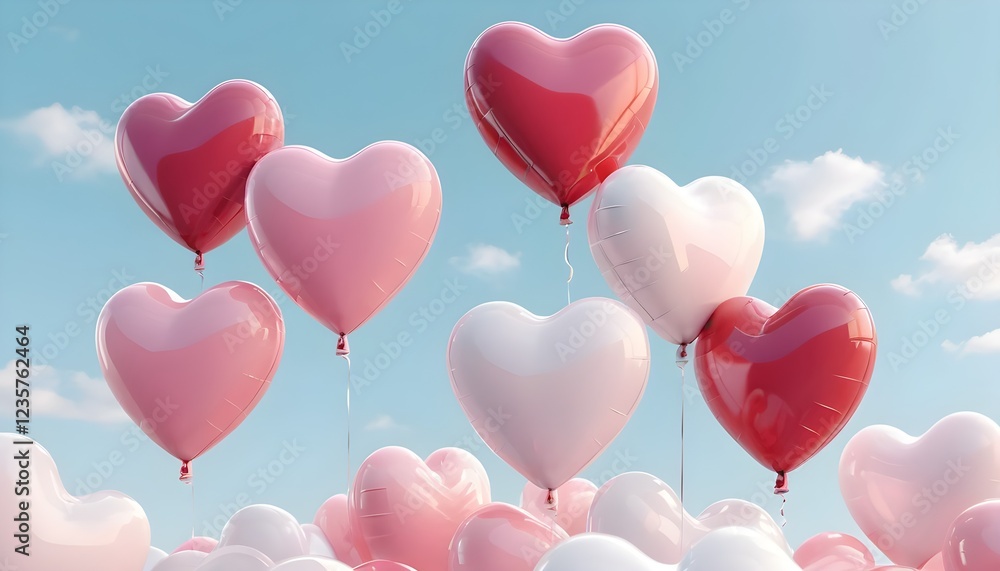 A cluster of Heart-shaped Balloons Floating in a Clear Blue Sky with Fluffy White Clouds A cluster of Heart-shaped Balloons Floating in a Clear Blue Sky with Fluffy White Clouds