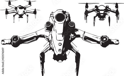 Set FPV Drone. Hand drawn vector illustration	