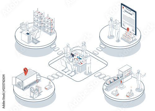 3D isometric Logistics Supply Chain Management concept with description of Fleet management, Warehousing, Materials handling, Inventory and Demand planning. Vector illustration eps10