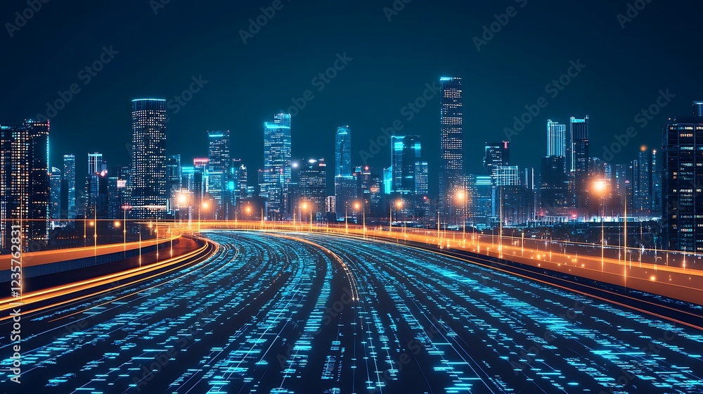 Fototapeta premium Futuristic highway with digital data streams flowing through a city at night.