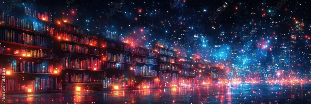 Fototapeta premium Magical library with glowing books and starry night sky.