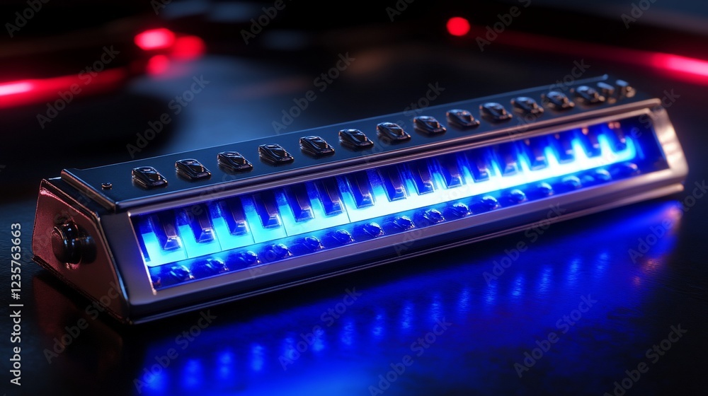 Futuristic keyboard illuminated, music tech, dark background, website banner Futuristic keyboard illuminated, music tech, dark background, website banner