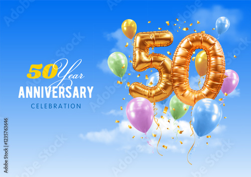 Fiftieth anniversary or birthday celebration. Number 50 in the form of golden balloons. 3D realistic golden numerals, confetti, blue sky background. Template for gala event. Vector illustration