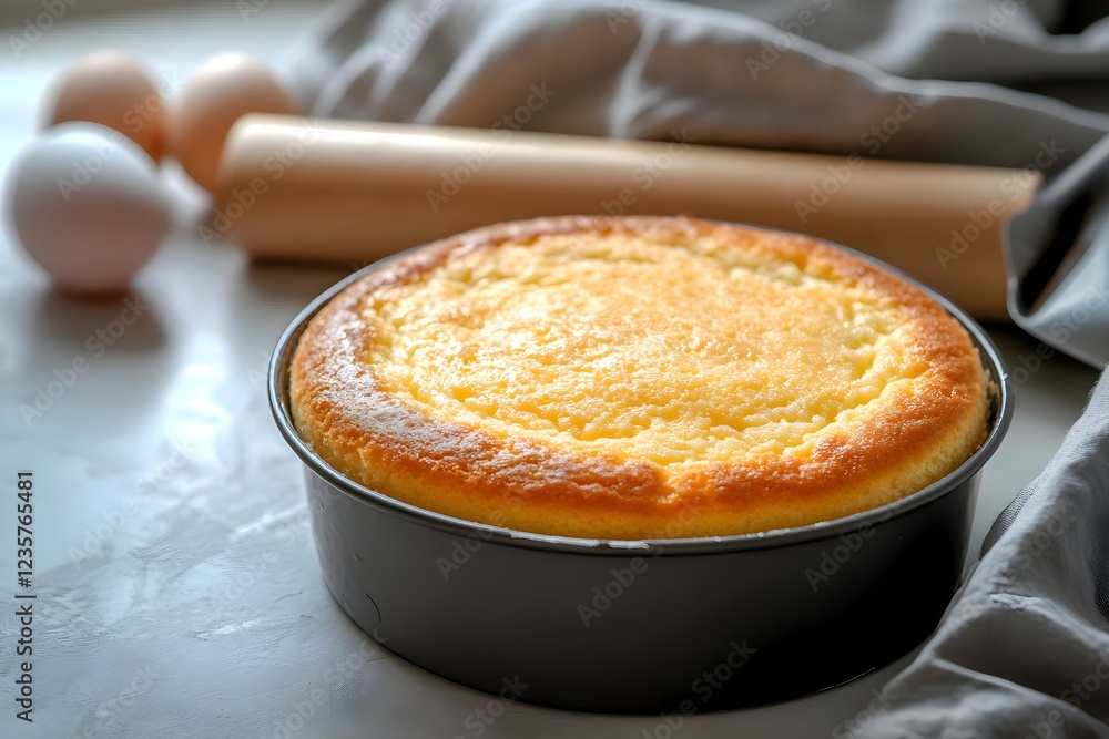 Homemade, freshly baked sponge cake in a mold, golden and fluffy Homemade, freshly baked sponge cake in a mold, golden and fluffy