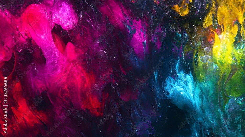Abstract liquid art with vibrant pink blue yellow colors and dark background creating movement effect Abstract liquid art with vibrant pink blue yellow colors and dark background creating movement effect