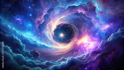 Fototapeta Naklejka Na Ścianę i Meble -  Cosmic explosion amidst swirling purple clouds, illuminating a deep blue glowing birth of an ethereal massive black hole in the heart of space, deep space phenomenon, dark matter manifestation