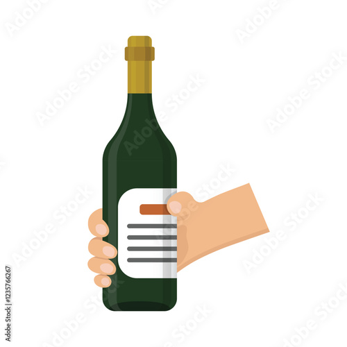 Hand holding wine bottle icon in flat style. Alcohol drink vector illustration on isolated background. Champagne beverage sign business concept.