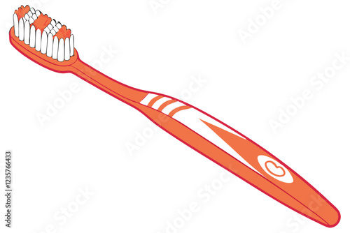 Orange toothbrush, vibrant color, sleek design, white bristles, curved handle, dental hygiene, minimalist background, product photography, high contrast, clear details, close-up shot, hygiene essentia