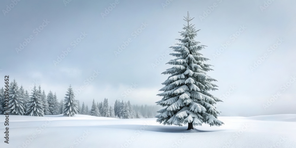 Snow-covered fir tree standing alone in a white forest landscape Snow-covered fir tree standing alone in a white forest landscape