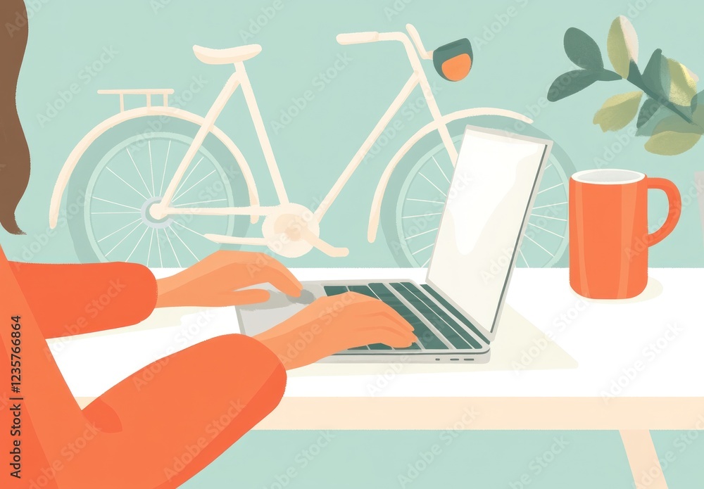 Woman working on laptop at home office with bicycle. Woman working on laptop at home office with bicycle.