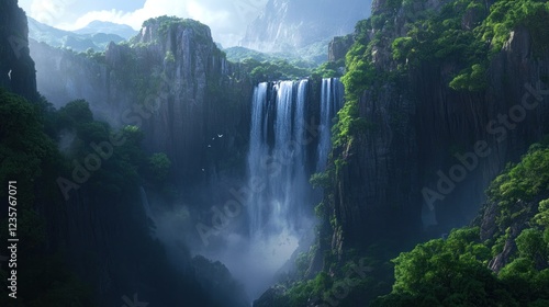 A majestic waterfall cascading through lush green cliffs in a serene landscape.