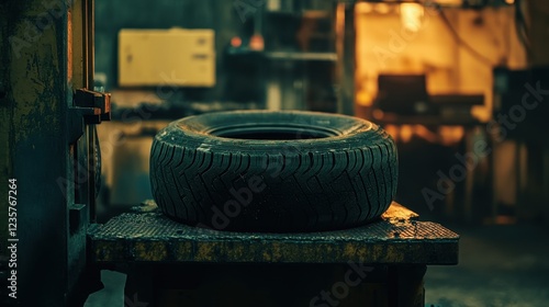 Tire on Equipment in Dimly Lit Industrial Workshop Setting photo