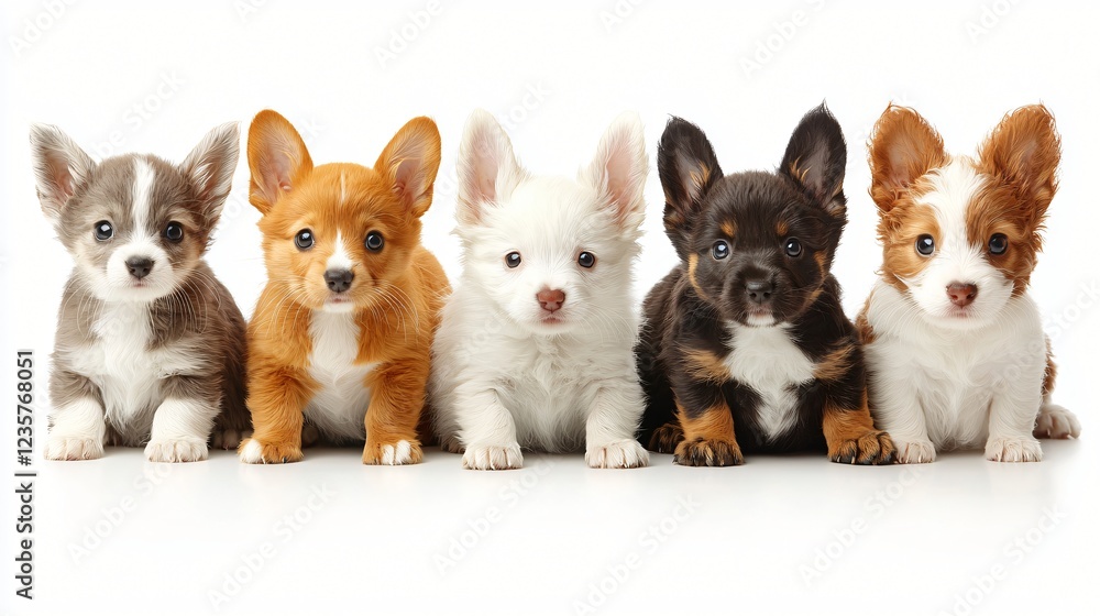 Five Cute Puppy Dogs Sitting Calmly on a White Background Looking Straight Ahead at the Viewer. Five Cute Puppy Dogs Sitting Calmly on a White Background Looking Straight Ahead at the Viewer.