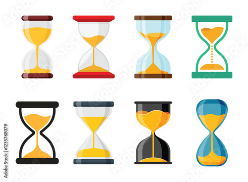 Hourglass icons set in flat style. Sandglass vector illustration on isolated background. Sand clock sign business concept.