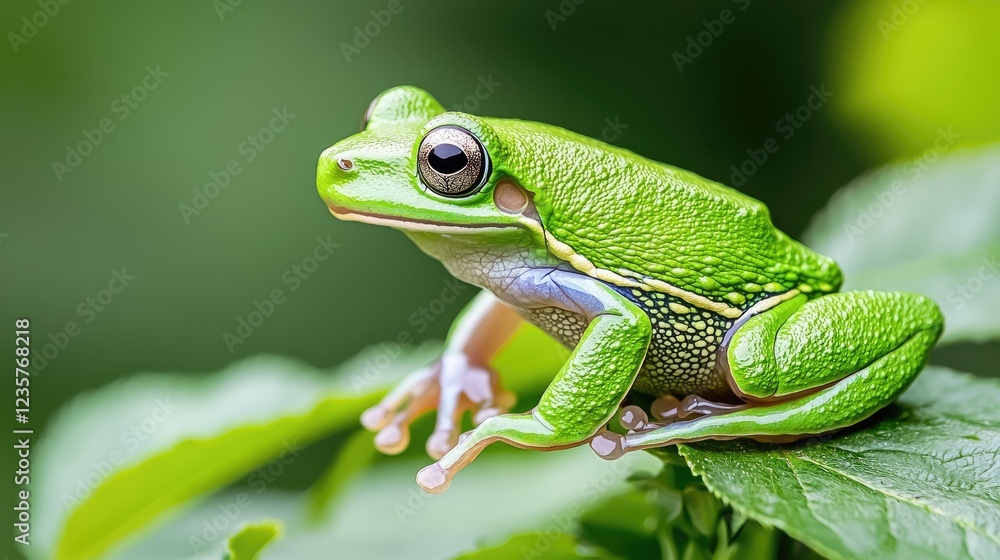 Green tree frog on leaf, rainforest background, nature photography Green tree frog on leaf, rainforest background, nature photography