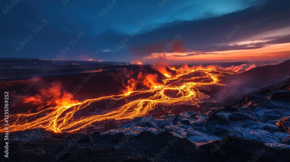 Volcanic Eruption at Sunset: A mesmerizing view of a volcanic eruption at sunset, with glowing lava flowing across the landscape, creating a breathtaking display of fire and nature's raw power. Volcanic Eruption at Sunset: A mesmerizing view of a volcanic eruption at sunset, with glowing lava flowing across the landscape, creating a breathtaking display of fire and nature's raw power.