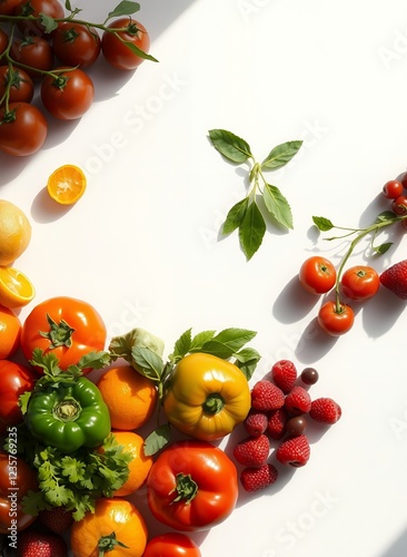 an image of a white table topped with lots of different types of fruits and vegetables. photo