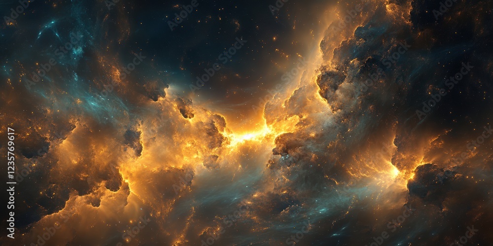 Fototapeta premium Cosmic Inferno: A breathtaking nebula explodes with fiery orange and gold hues, contrasting against a deep, dark space backdrop, creating a dramatic and otherworldly scene.