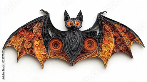 Intricate Paper Quilled Bat Displaying Artistic Craftsmanship and Autumnal Color Palette for Halloween. photo