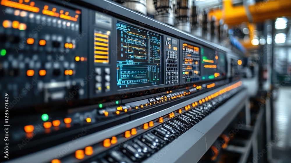 Close-up view of industrial control panel with illuminated buttons in a modern factory setting Close-up view of industrial control panel with illuminated buttons in a modern factory setting