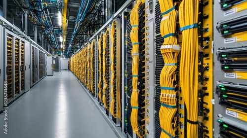 A long corridor filled with server racks and colorful data cables, a network center view