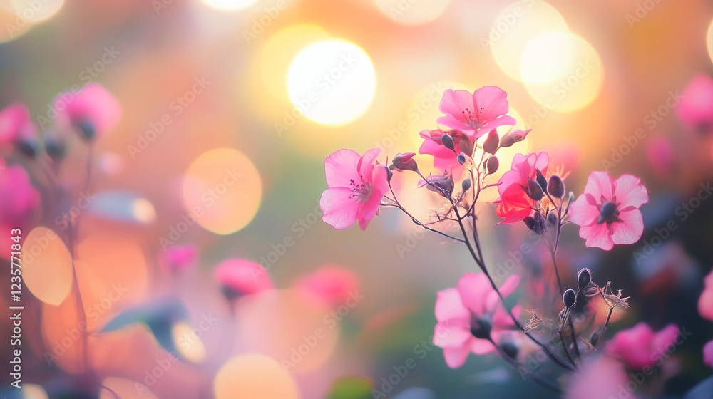 Obraz premium Soft Pink Flowers Blooming Sunset Light Bokeh Background Floral Photography Nature macro image 