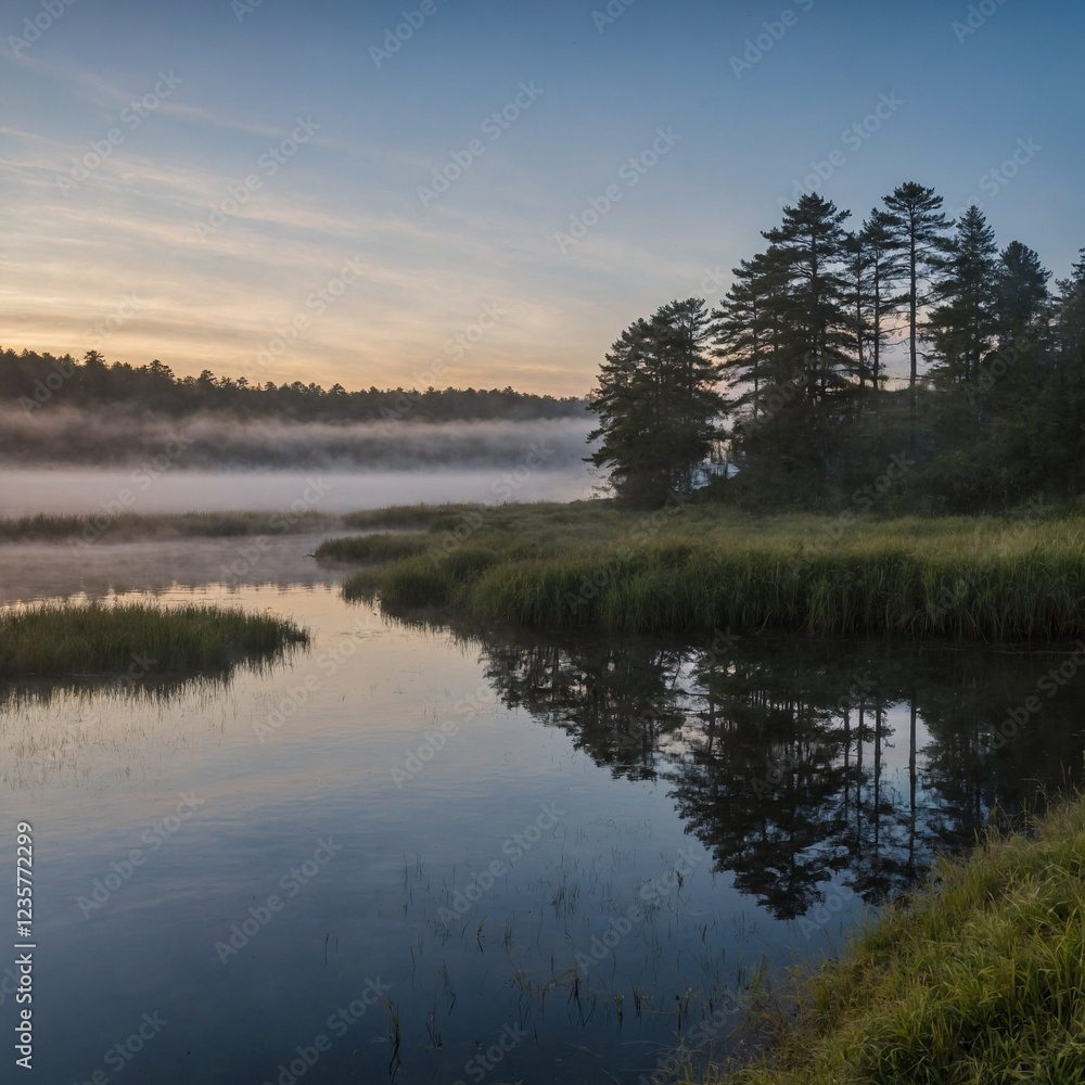 Obraz premium A panoramic shot of Bluemere at dawn, with mist rolling over the water.