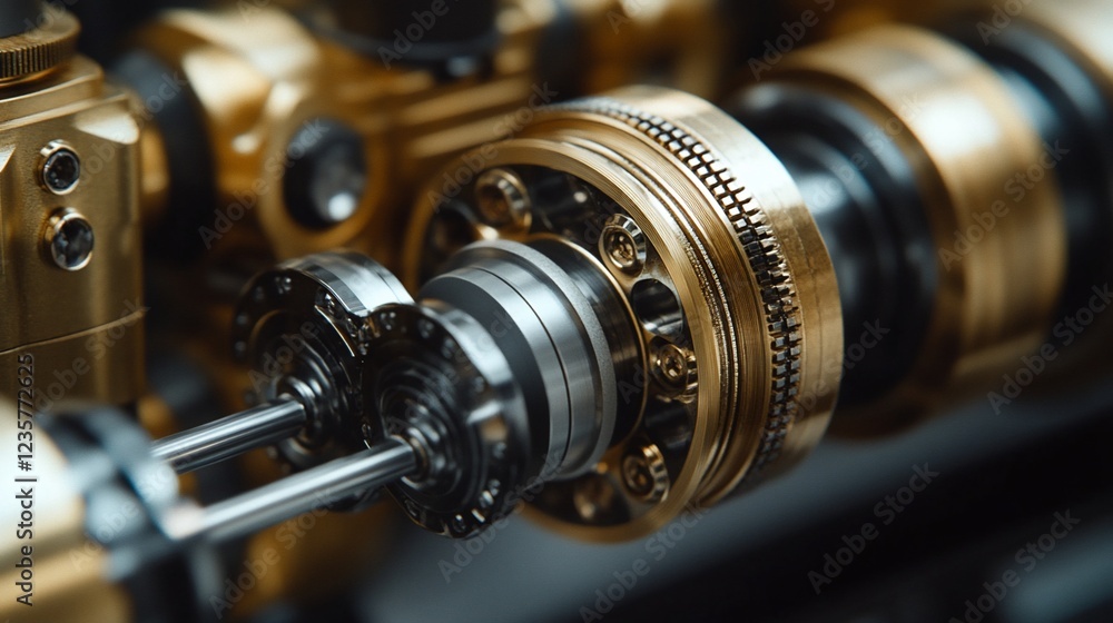 Gold gears machine close-up, industrial detail Gold gears machine close-up, industrial detail