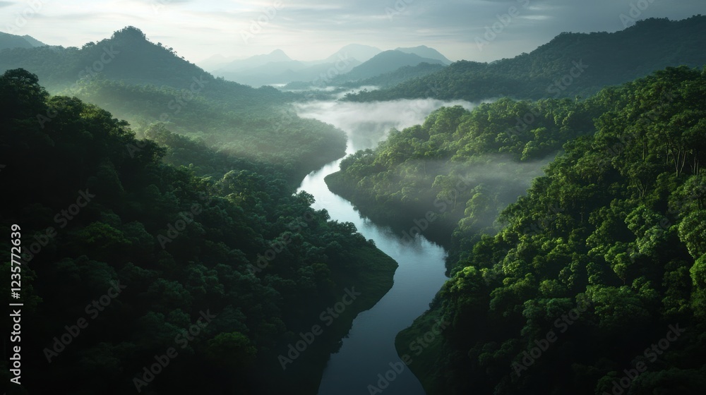 A breathtaking aerial view of a mountain stream meandering through a vast, mist-covered forest in the Chittagong Hills. A breathtaking aerial view of a mountain stream meandering through a vast, mist-covered forest in the Chittagong Hills.