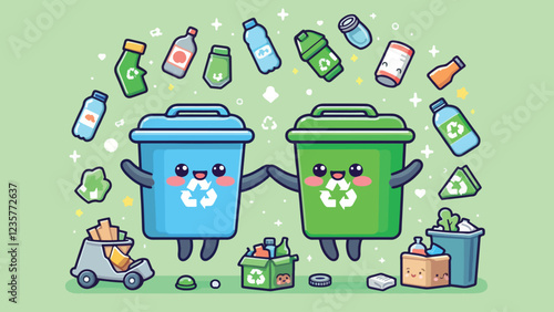 Recycling Duo, two cute anthropomorphic recycling bins (one blue for paper, one green for glass) holding hands and dancing joyfully. Include recyclable items floating around them