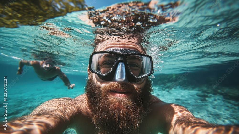 Fototapeta premium A dynamic underwater shot of a man swimming toward the camera, his GoPro capturing a perfect balance of the vibrant coral world below and the tropical island paradise above. 