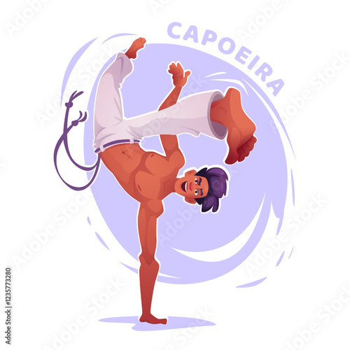 Cartoon capoeira male player practicing acrobatic move. Capoeira dancer in action pose