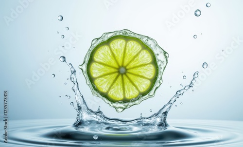 Fresh lime slice splashing in water