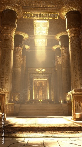 Sunlit ancient Egyptian temple interior;  archaeological site; historical architecture; background light; travel destination.