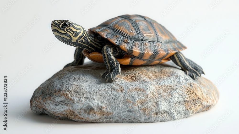 Obraz premium A painted turtle rests on a rock, showcasing its distinctive shell patterns and vibrant colors against a neutral background.